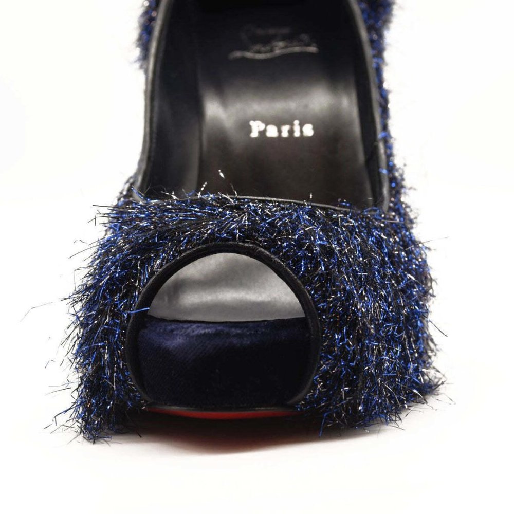 NEW $850 Christian Louboutin Very Prive 120 Peep Toe Blue Glitter Metallic Threa - Picture 8 of 9